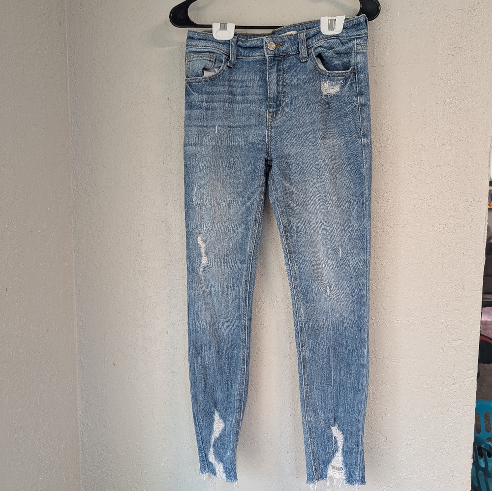 willow & Root Distressed High Rise Skinny Jeans 26 Minimalist Blue Raw Hem Boho